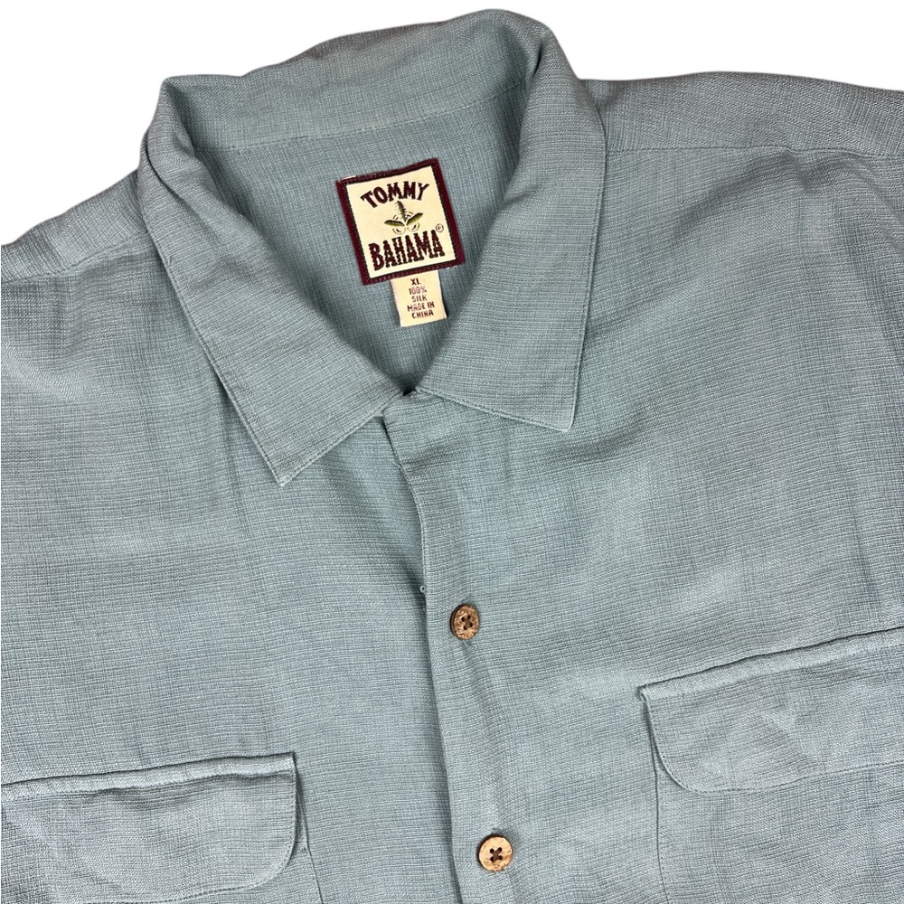 TOMMY BAHAMA Shirt Mens XL Seafoam Green Silk travel beach Embroidered Palm‎
